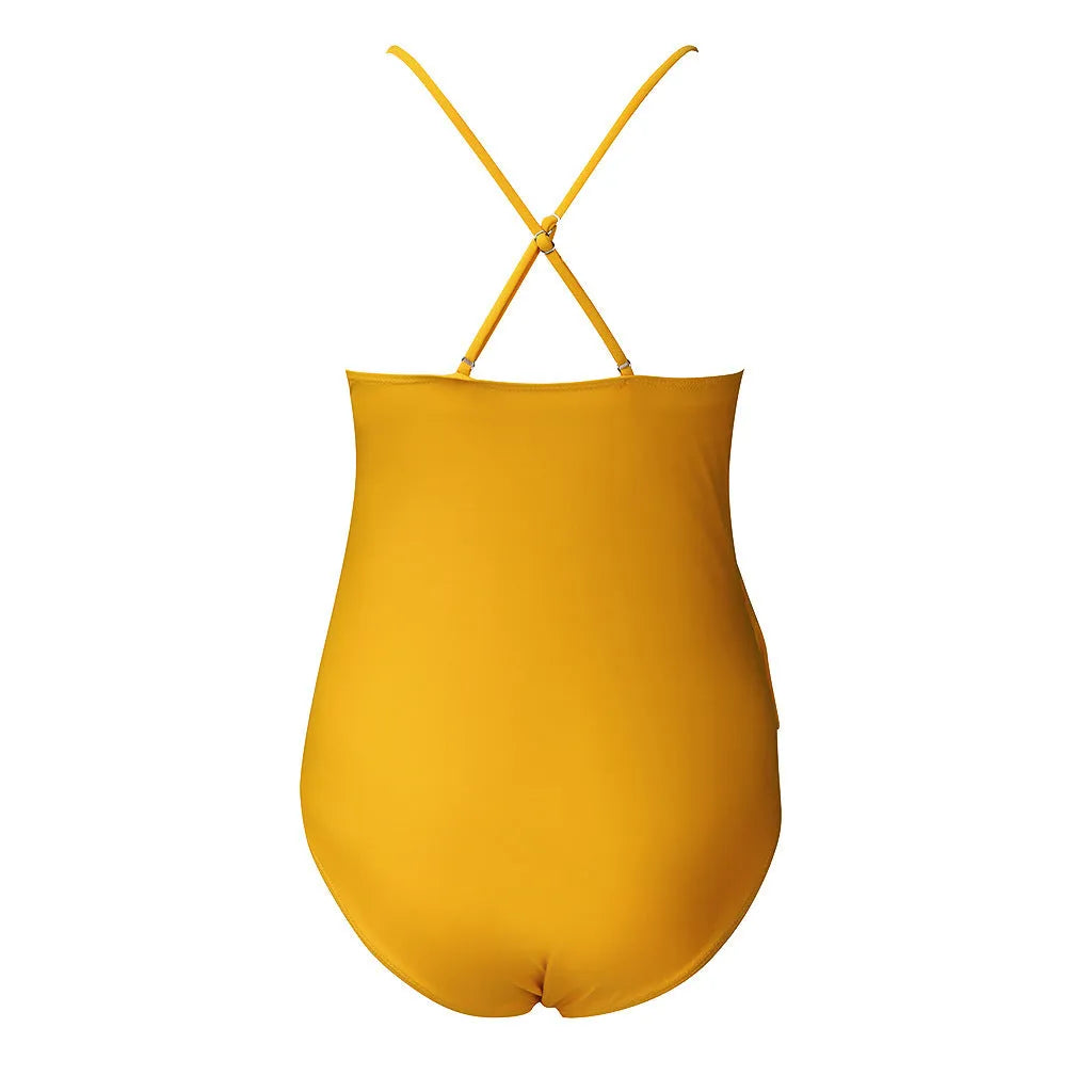 Siamese pregnant women swimsuit in yellow, one-piece nylon with chest pad for maternity
