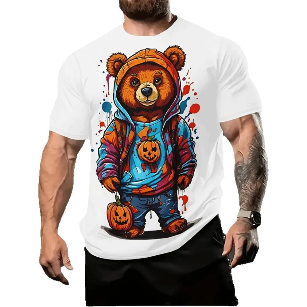 Men's loose casual short sleeve shirt with 3D cartoon print in milk silk fabric.