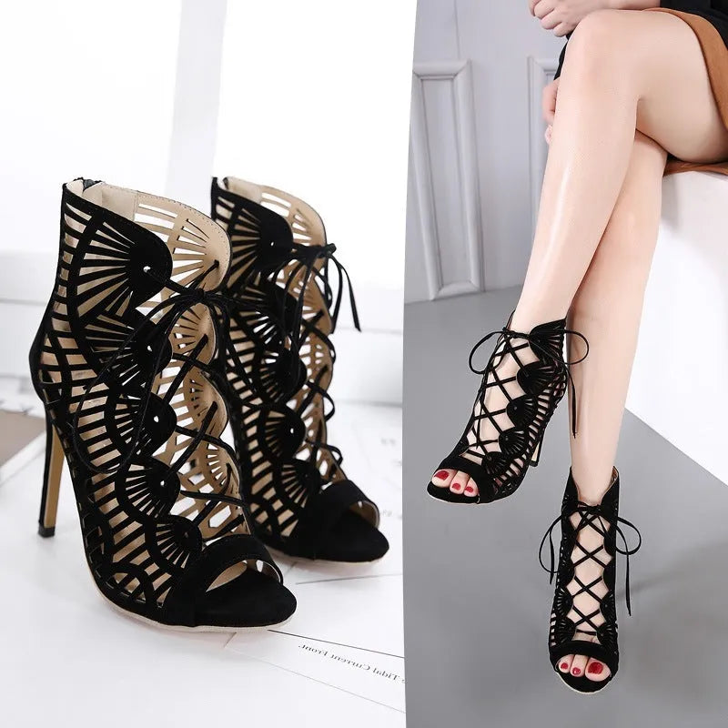Black suede lace high heels Roman style stiletto over-knee boots with fish mouth toe