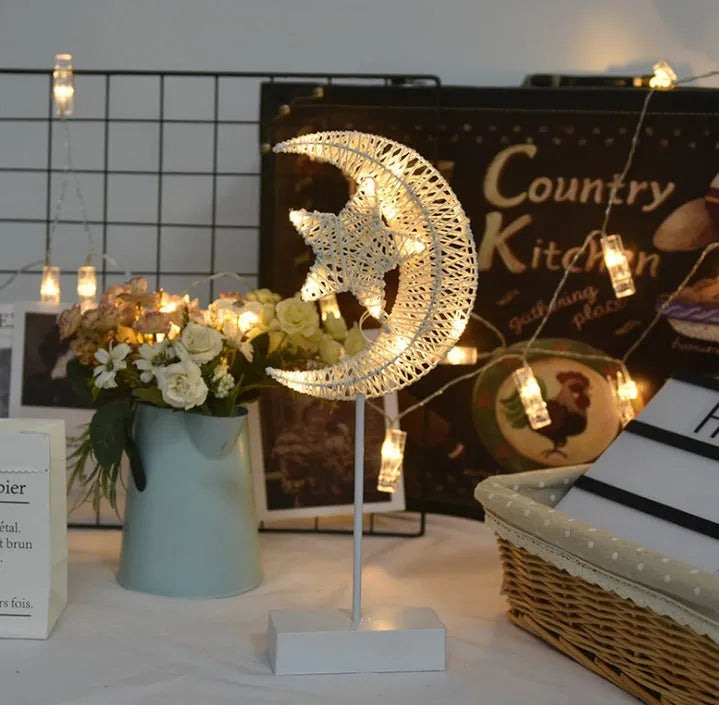 Rattan and copper wire LED decorative lamp in star, heart or moon shape for bedroom
