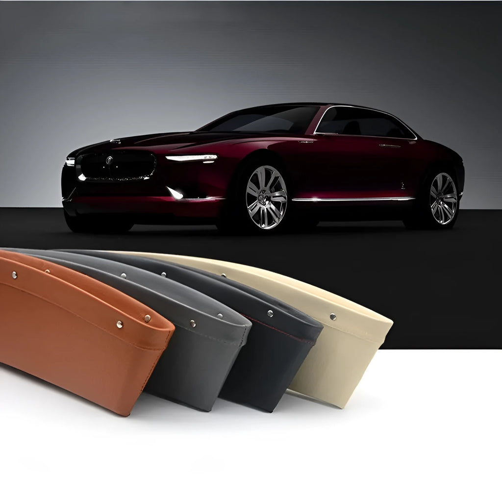 Faux leather car seat gap storage organiser in beige holding a phone and keys, size 35x10.5x4 cm