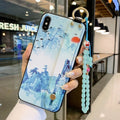 Compatible iPhone case with a detachable rose flower wrist strap, shown in one of ten available styles.