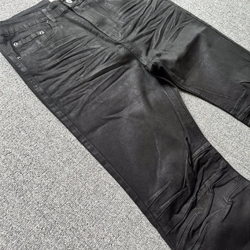 Retro dark brush wax coating washed jeans for men, mid-waist loose fit, black colour