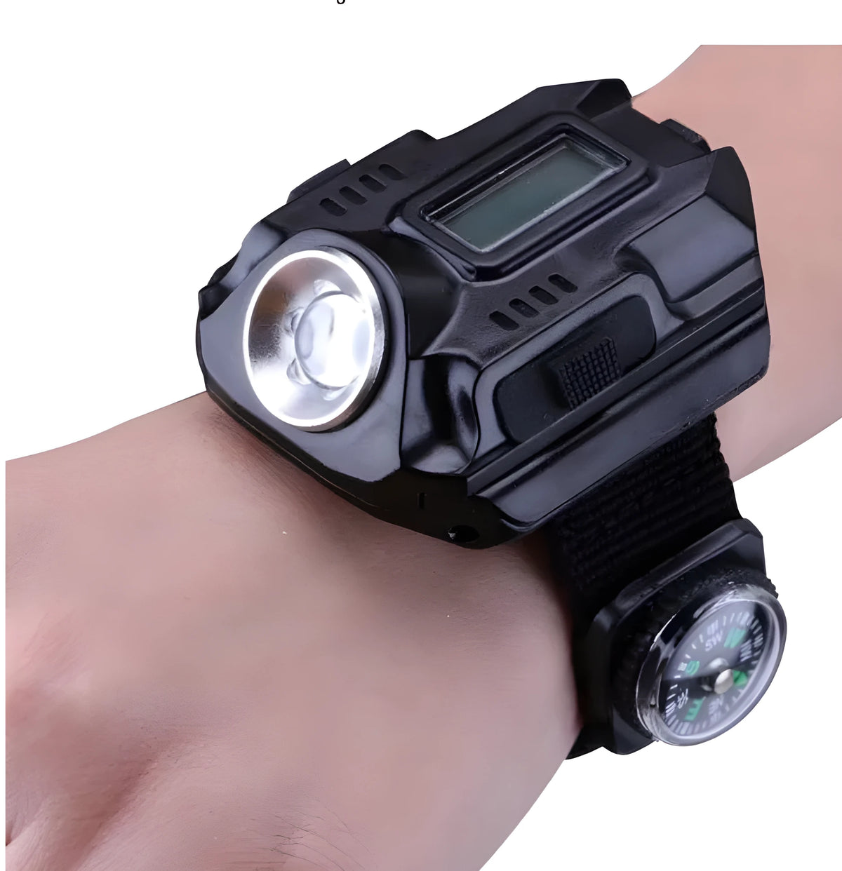 Black LED wrist watch flashlight with USB charging, 4 modes, compass, time display and 22 x 2.4 cm wristband