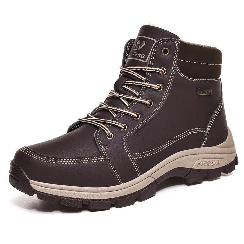 Men's winter snow ankle boots with leather upper and non-slip rubber sole, black velveted finish