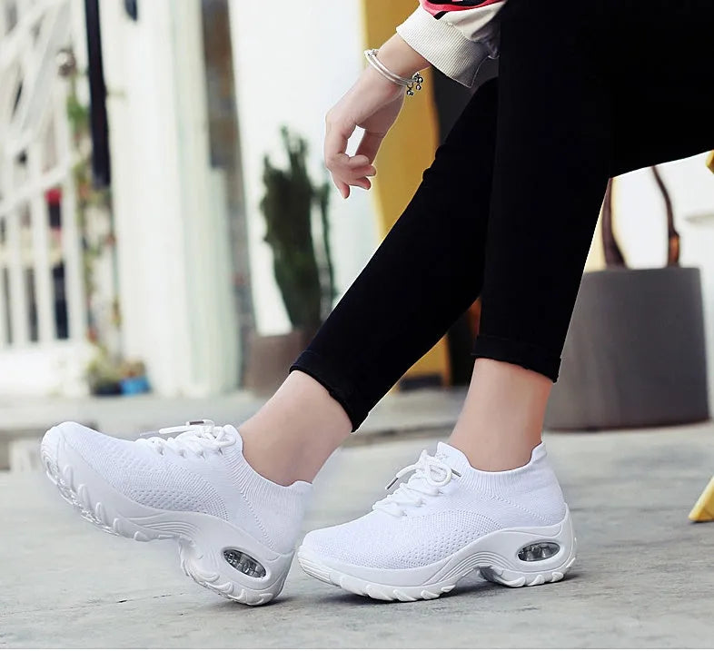 Women's PU sole trainers with 3-5cm middle heel and round toe, shown in one of eight colour options