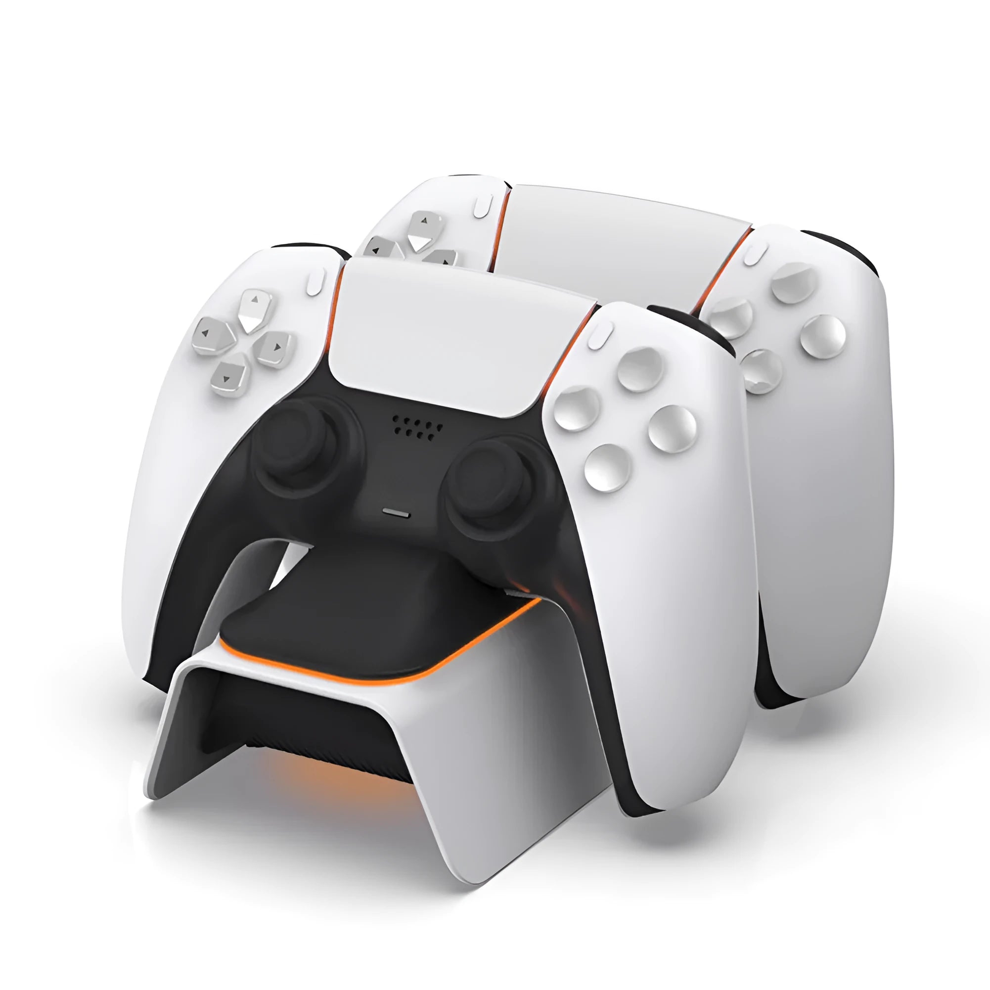 White PS5 dual controller charger with LED indicators and two gamepads docked on a wooden desk