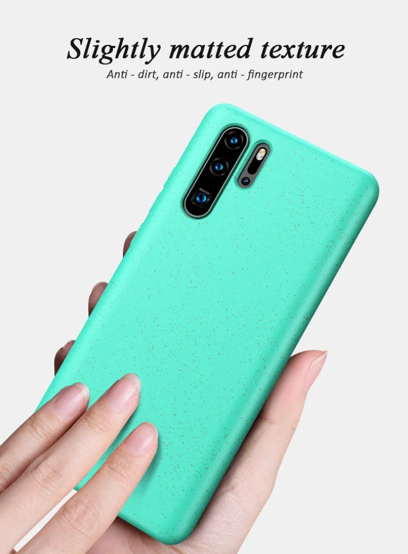 Huawei P30 mobile phone case in TPU material showing Army Green, Black, Blue, Pink, Red, and Yellow colour options.