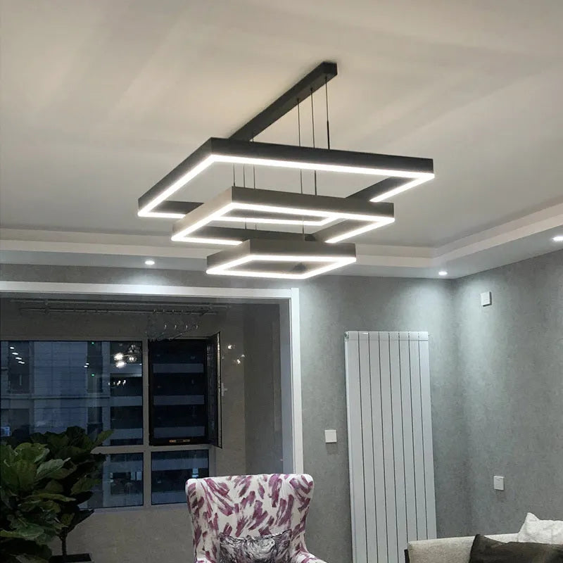 Square Nordic iron chandelier with aluminium single-layer shade stepless dimming 40cm or 60cm diameter