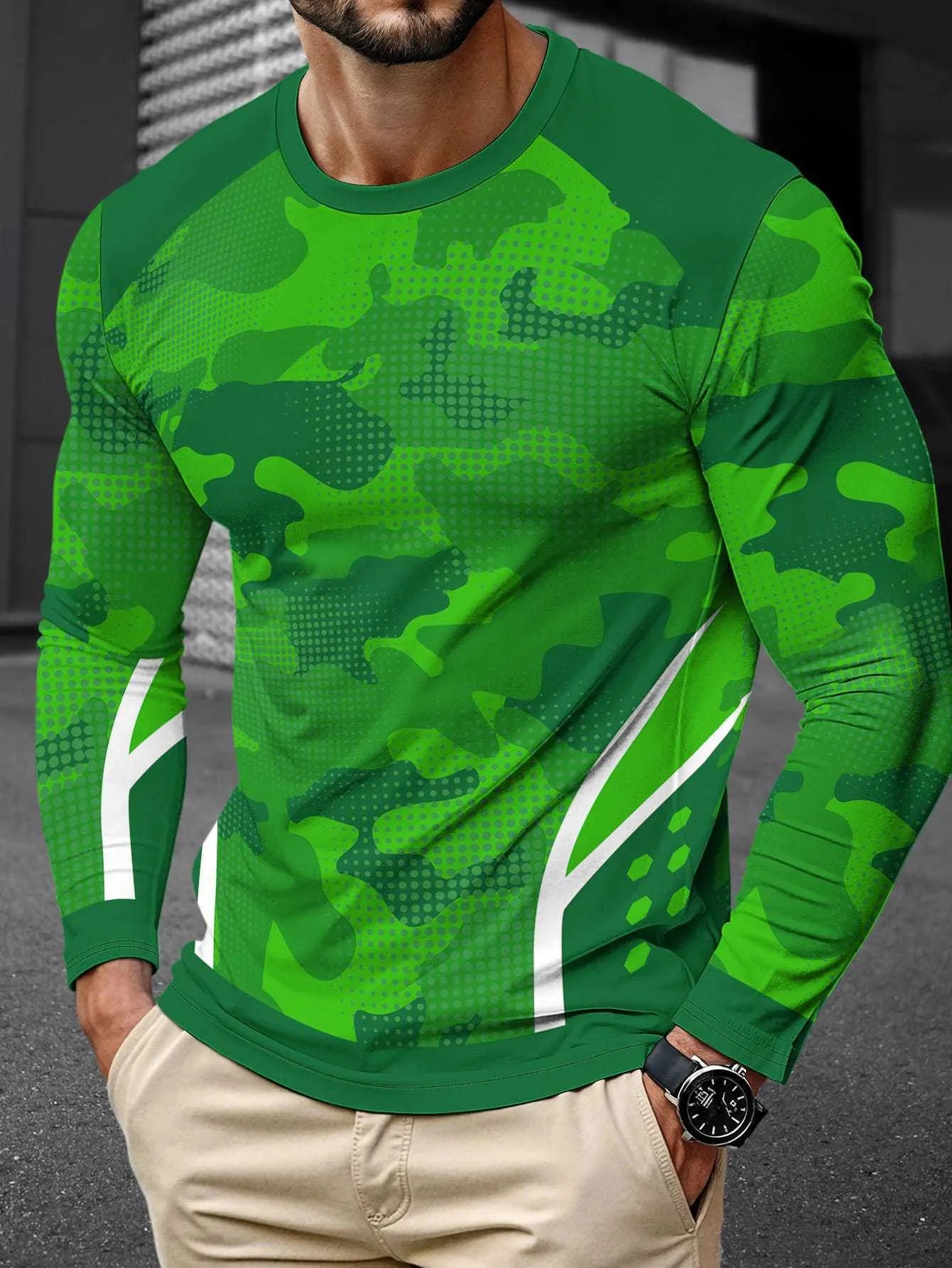 Men's simple long sleeve round neck pullover in milk silk fabric, shown in a casual colour.