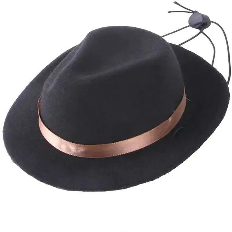 Small pink wool felt pet sun hat with hairpin attachment on white background