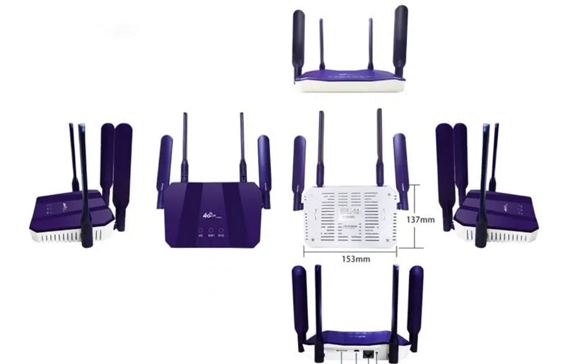 Blue 4G all netcom dual-mode wireless wired router with four extended antennas.