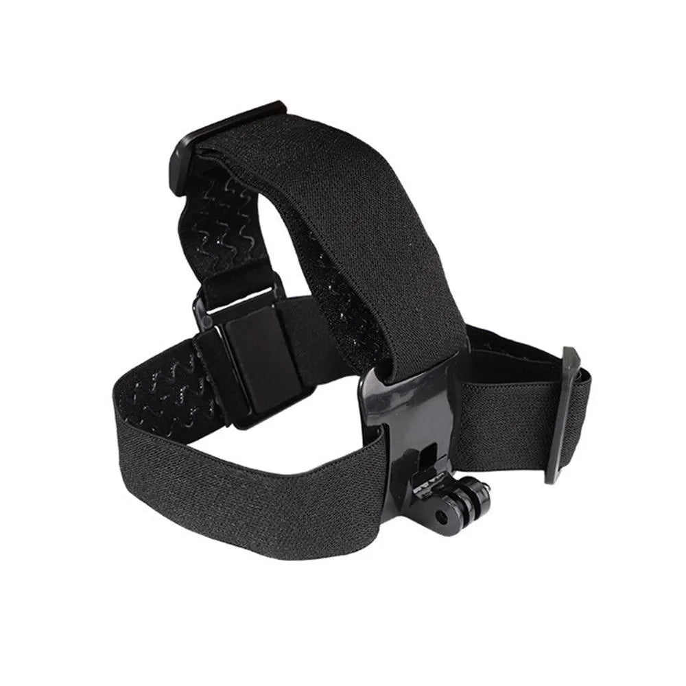Head-mounted phone holder with screws showing adjustable angle and stretch nylon strap on a black background