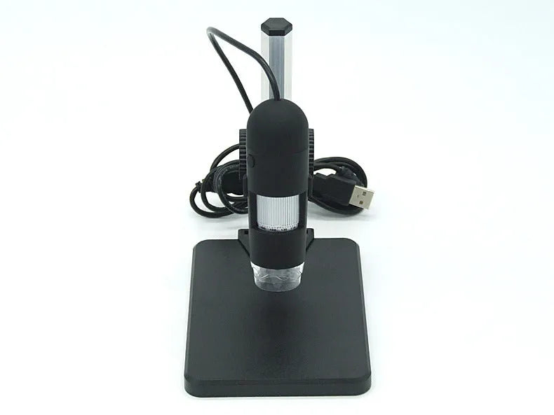 USB microscope camera with 8 white-light LEDs and manual focus ring, black casing, on white background