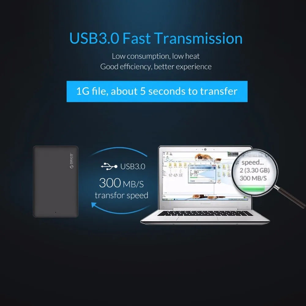 ORICO 2577U3 black external hard drive enclosure with USB 3.0 interface on a desk