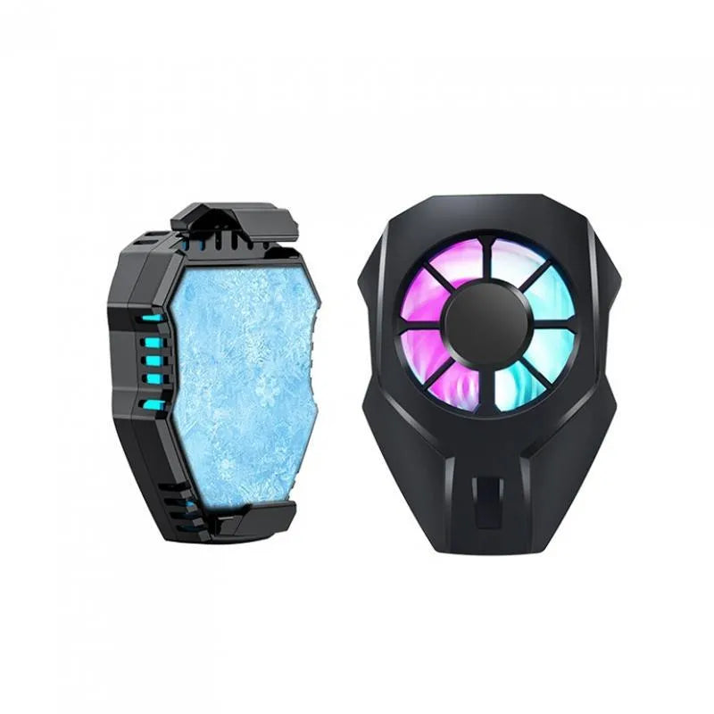 Mini mobile phone cooler in black with USB cable and metal radiator surface attached to smartphone