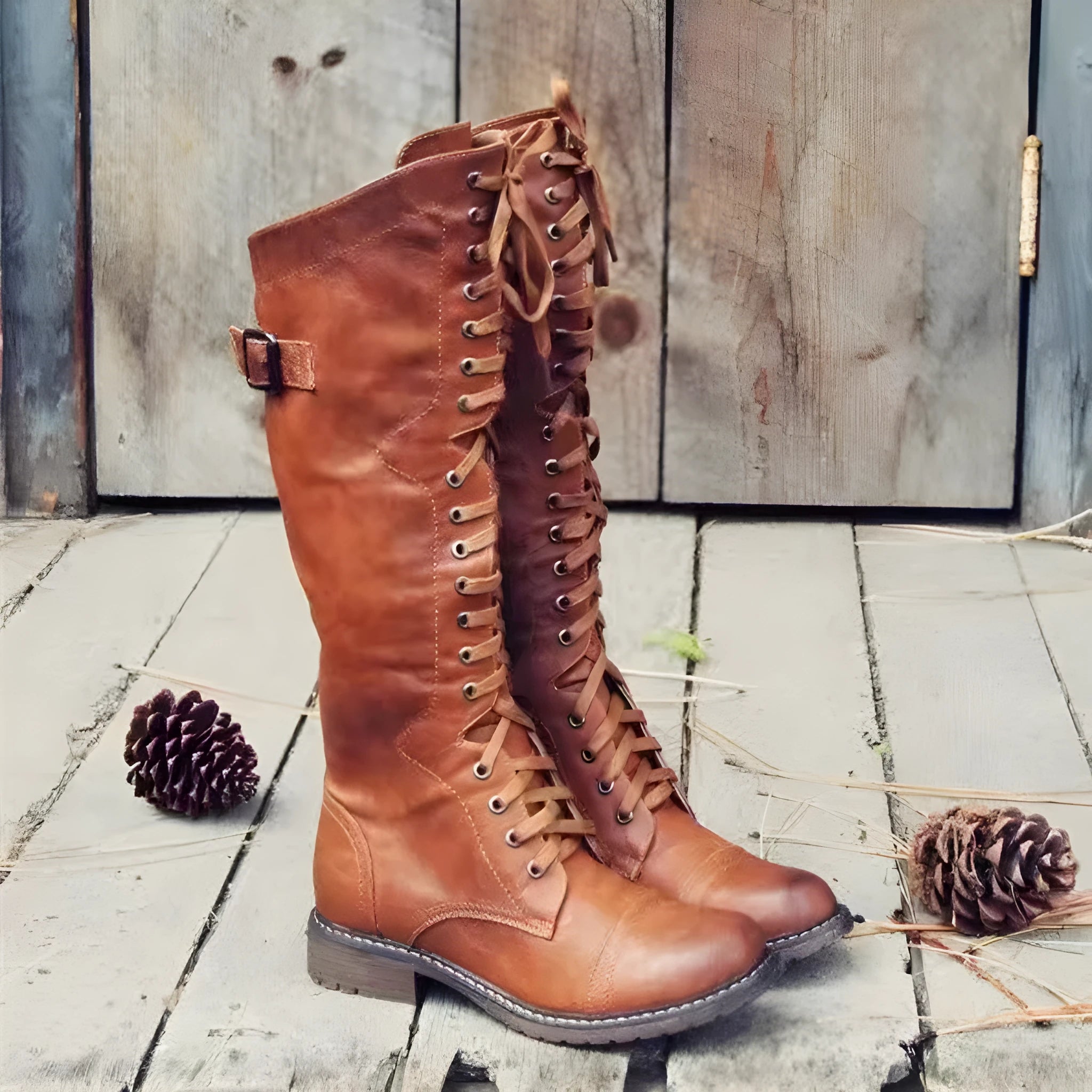 Brown high leg casual boots with a round toe and a chunky low heel on a plain background.