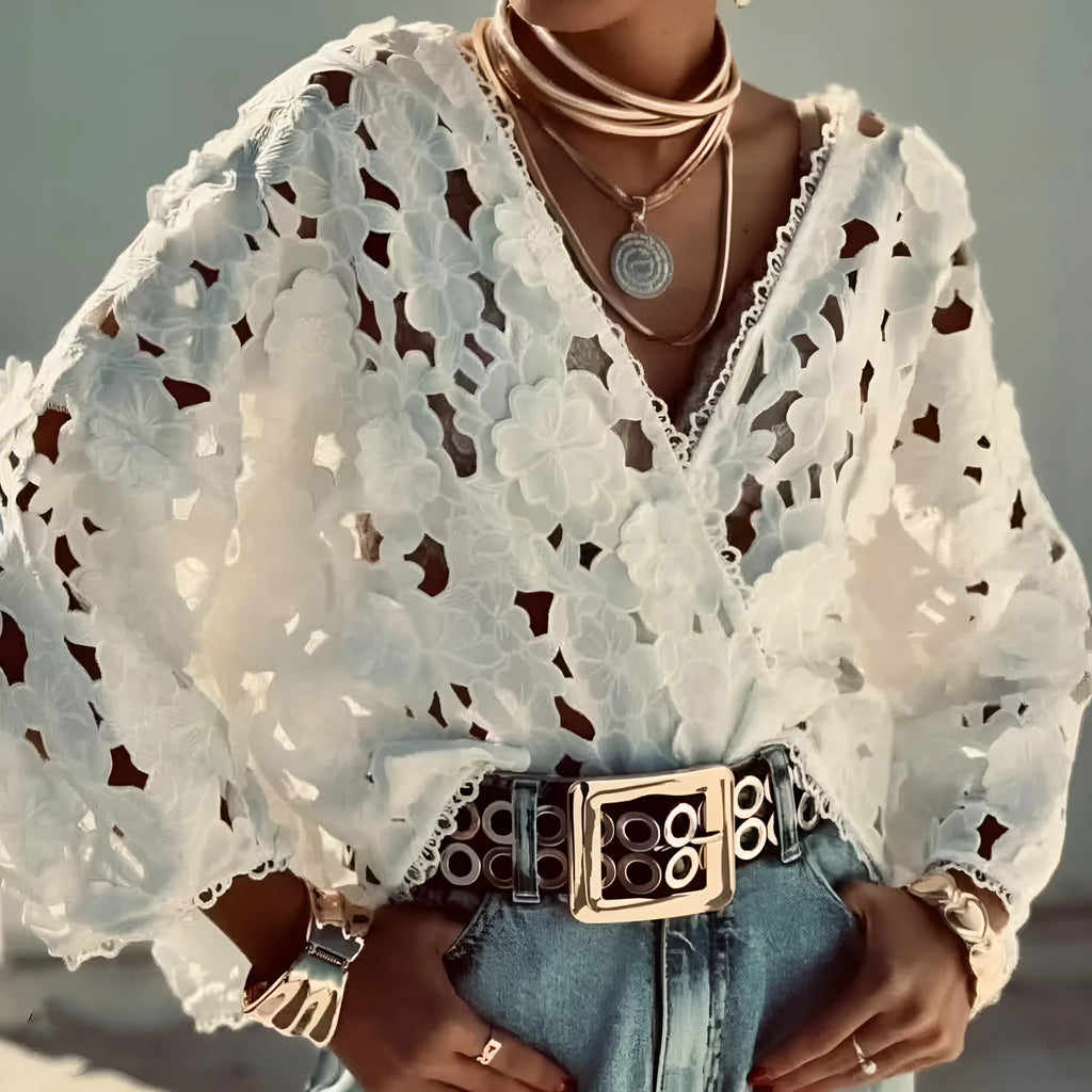 White lace V-neck cardigan with three-dimensional floral decoration and long sleeves