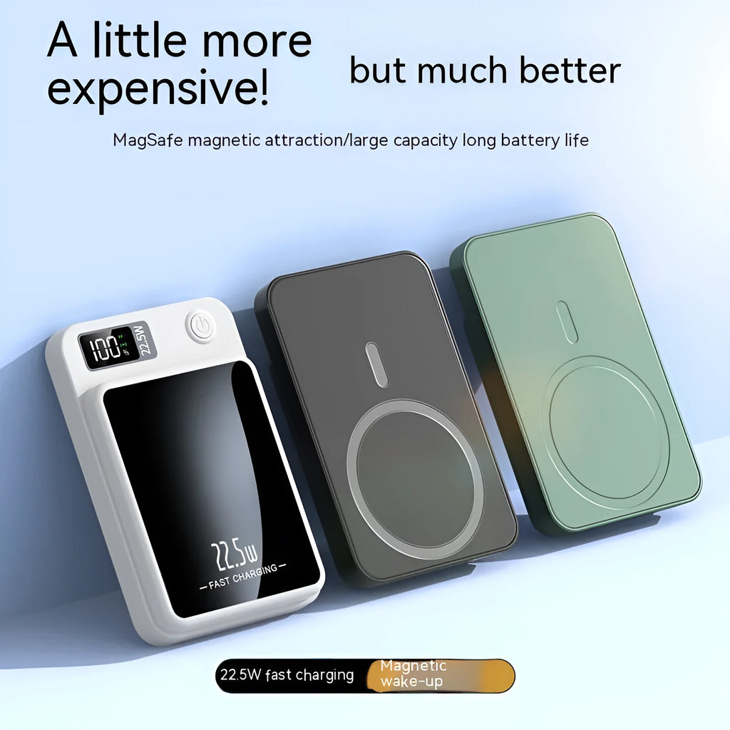 Wireless MagSafe power bank in four colours with compact dimensions and industrial design