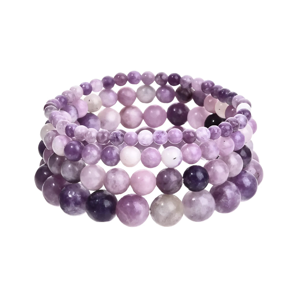 Purple geometric stone bead elastic bracelet showing manual craftsmanship and four size options