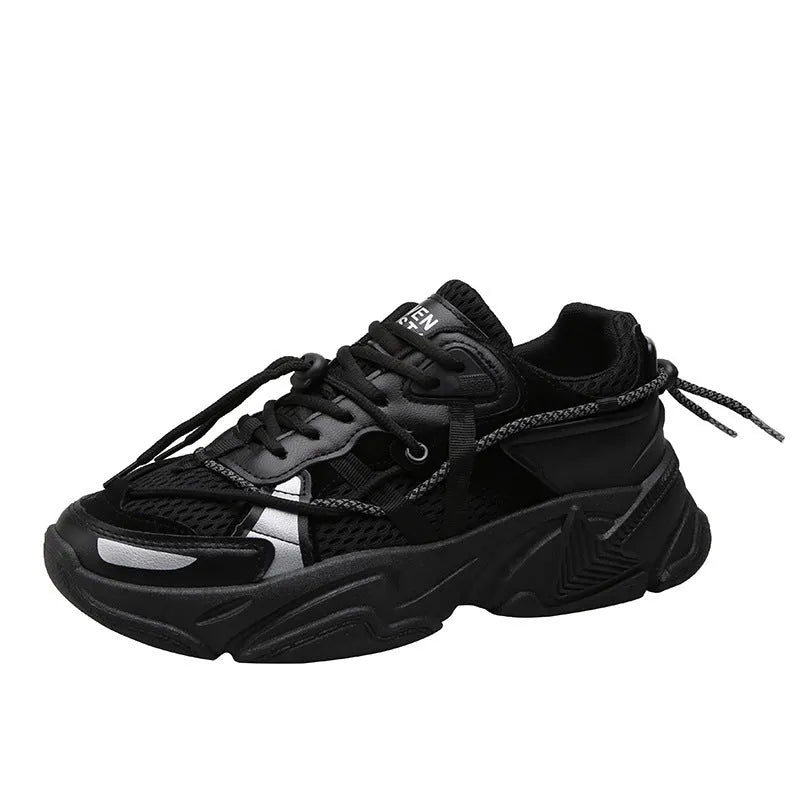 Men's white Korean-style platform dad shoes with thick sole and lace-up front on a plain background