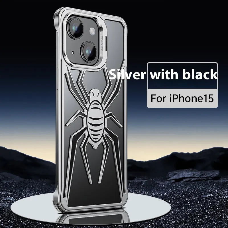 Frameless airbag drop-resistant metal phone case for iPhone, black, half pack style with hollow design.