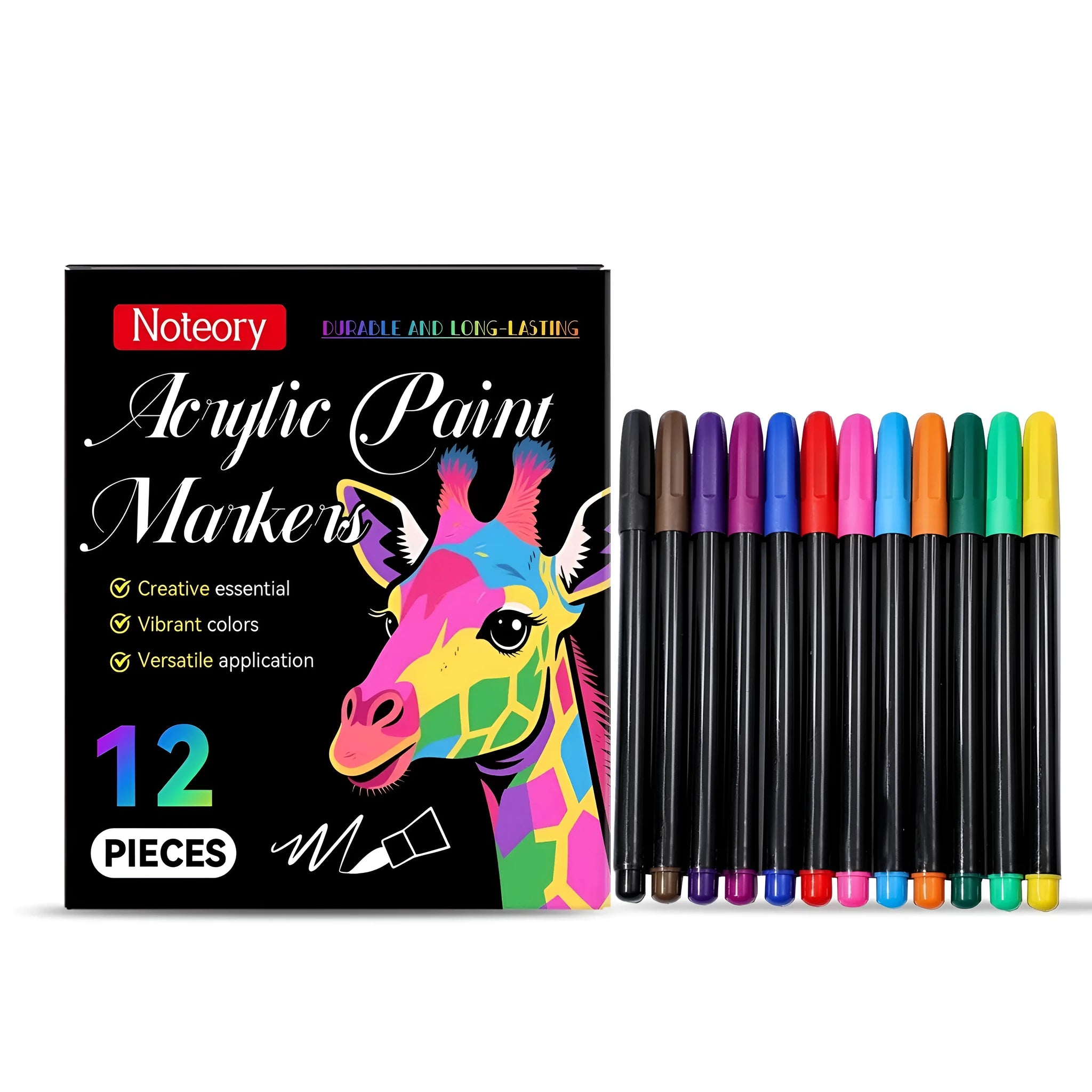 Box of 12 acrylic paint markers with opaque ink for crafts on multiple surfaces.