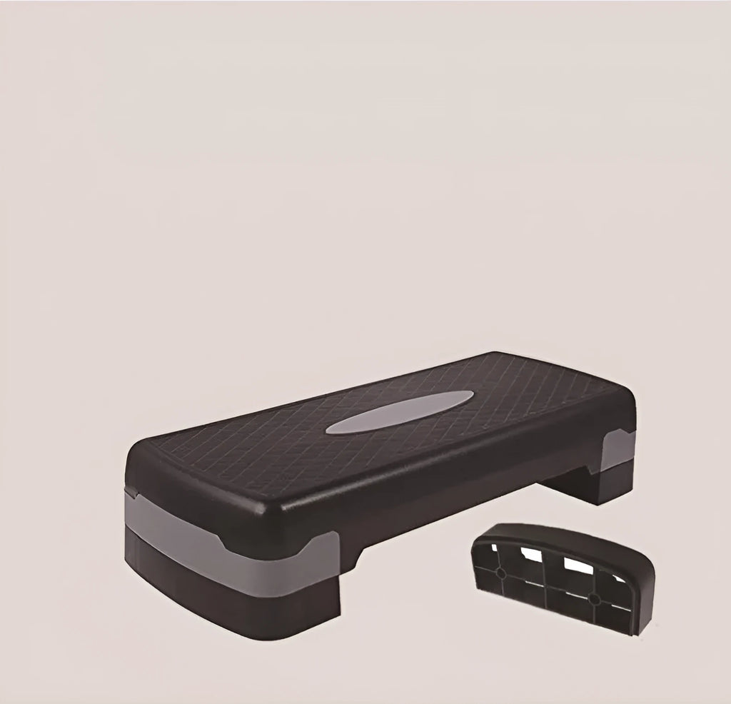 Aerobic fitness step pedal in PP material, 68 x 28 x 15cm, shown in Black and Blue or Grey.