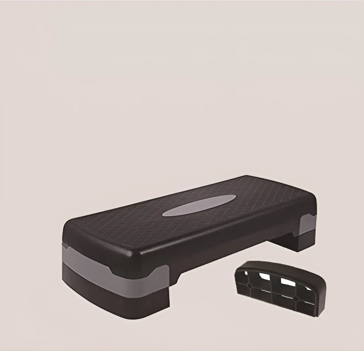 Aerobic fitness step pedal in PP material, 68 x 28 x 15cm, shown in Black and Blue or Grey.