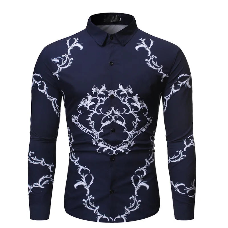 Mens long sleeve slim fit casual shirt with flower print and colour matching detail in black or navy blue