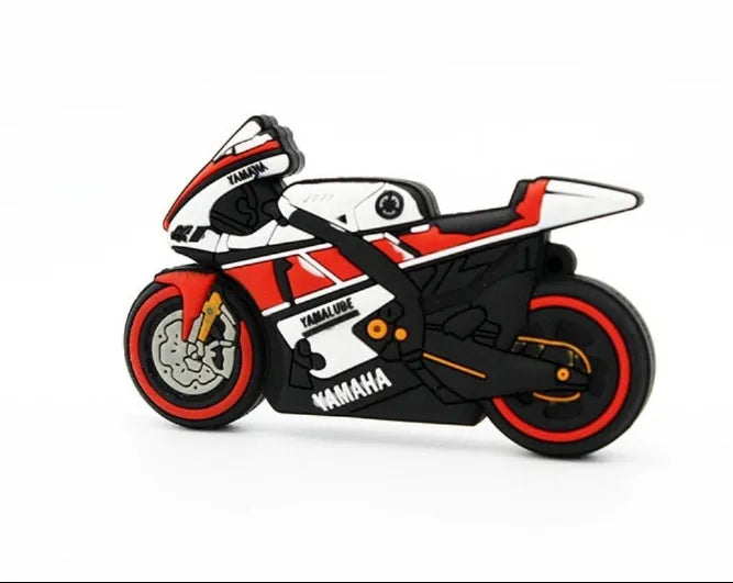 Cartoon motorcycle USB drive with wrist strap in red and white, 4GB to 64GB capacity options