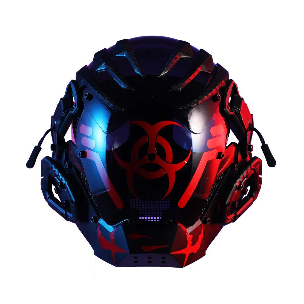 Black full face plastic prop mask helmet with a bioweapon-inspired cyberpunk design.