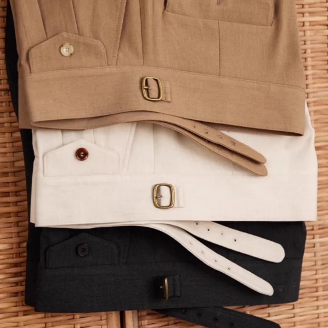 Men's slim fit straight leg business casual trousers in dark grey, light brown and light apricot colours