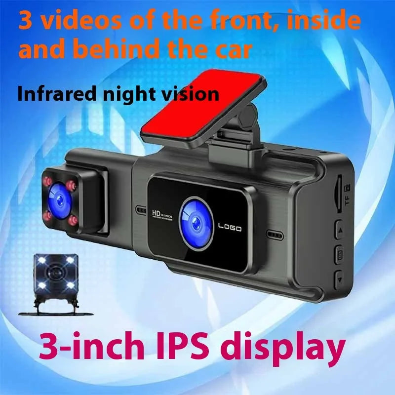 Black three-lens dashboard camera for front windshield mounting with a 3-inch screen