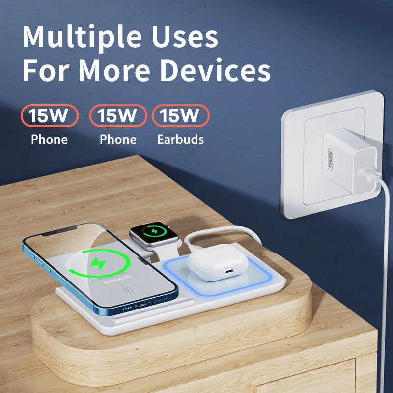 Three-in-one wireless charger folding stand in space black charging a phone, watch, and headset