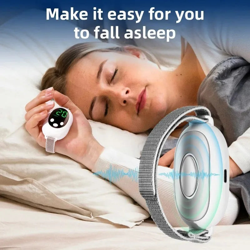 White sleep aid device with handheld remote control showing 20 gear settings and USB charging port