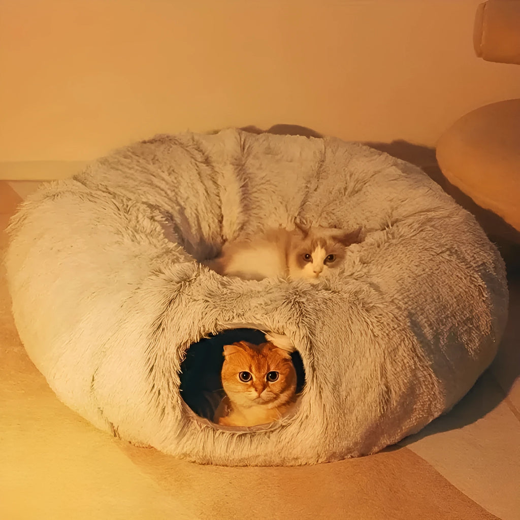 Gray plush cat bed mat measuring 85 by 85 by 26 centimetres, placed on floor for winter use