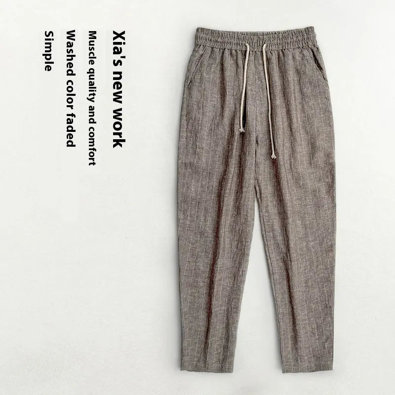 Men's striped cotton linen cropped summer casual pants shown in khaki, coffee, navy and white colour variations