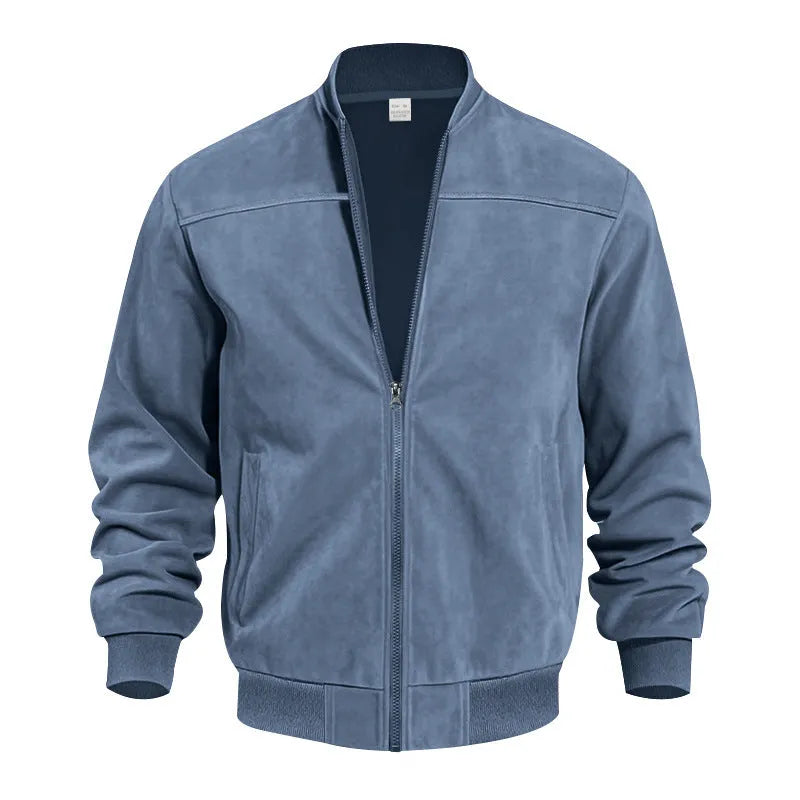 Man wearing a plus size Army Green suede zip-up casual jacket.