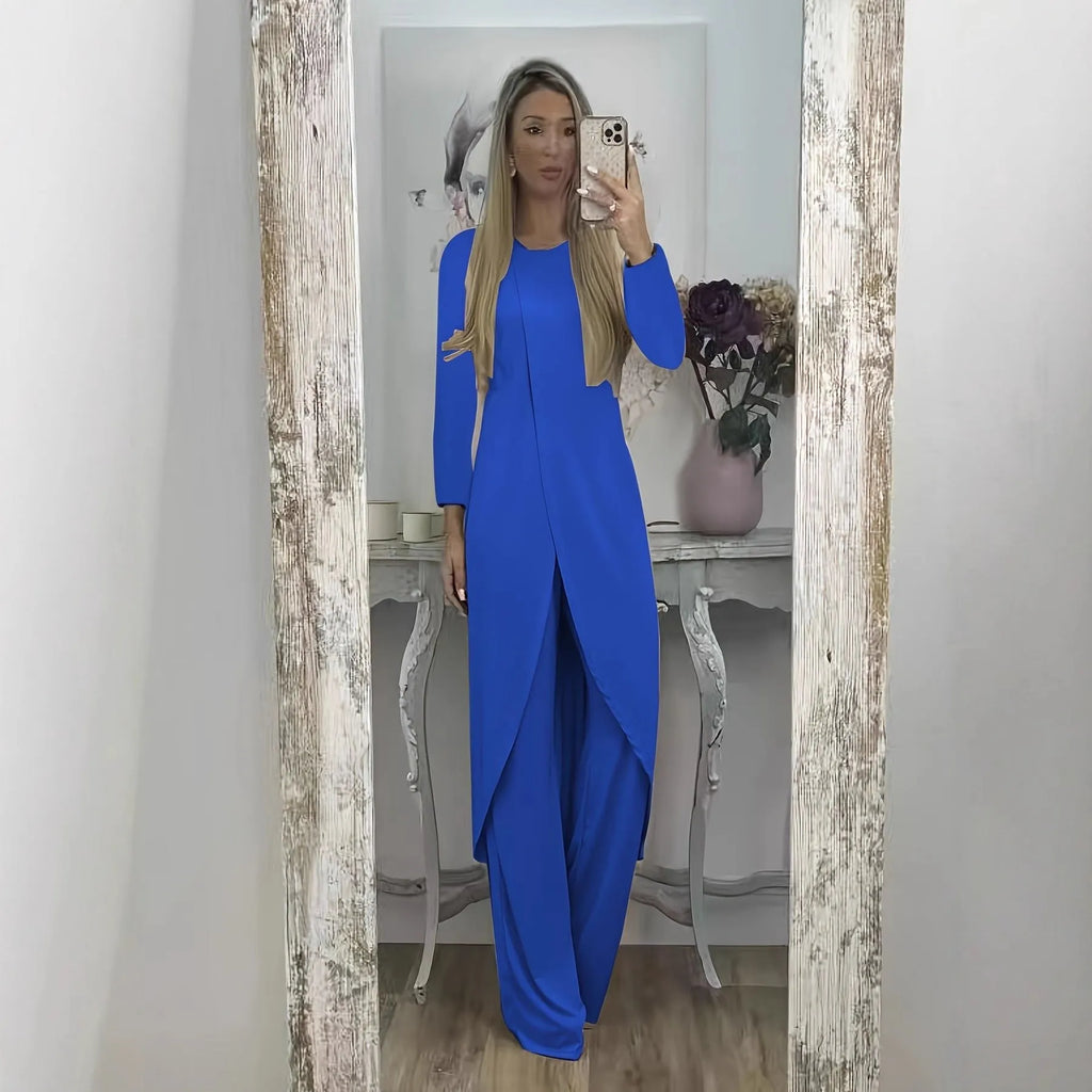 Women's casual long sleeve round neck top and loose trousers lounge set in khaki