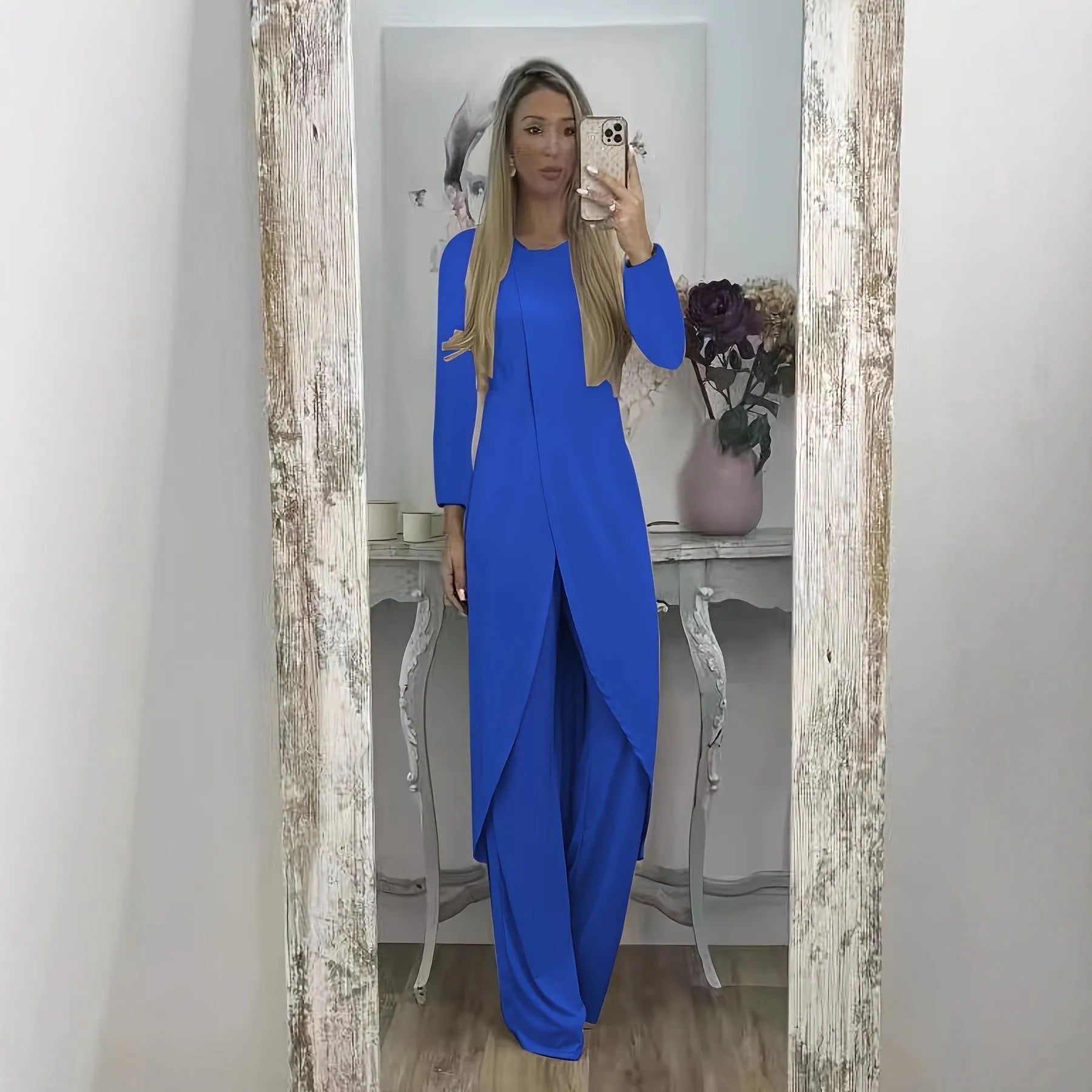 Women's casual long sleeve round neck top and loose trousers lounge set in khaki