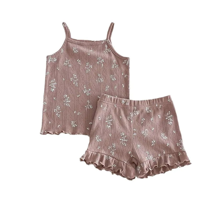 Girls' cotton camisole and shorts set in Pink Floret colour, sized 110cm height, on a plain background