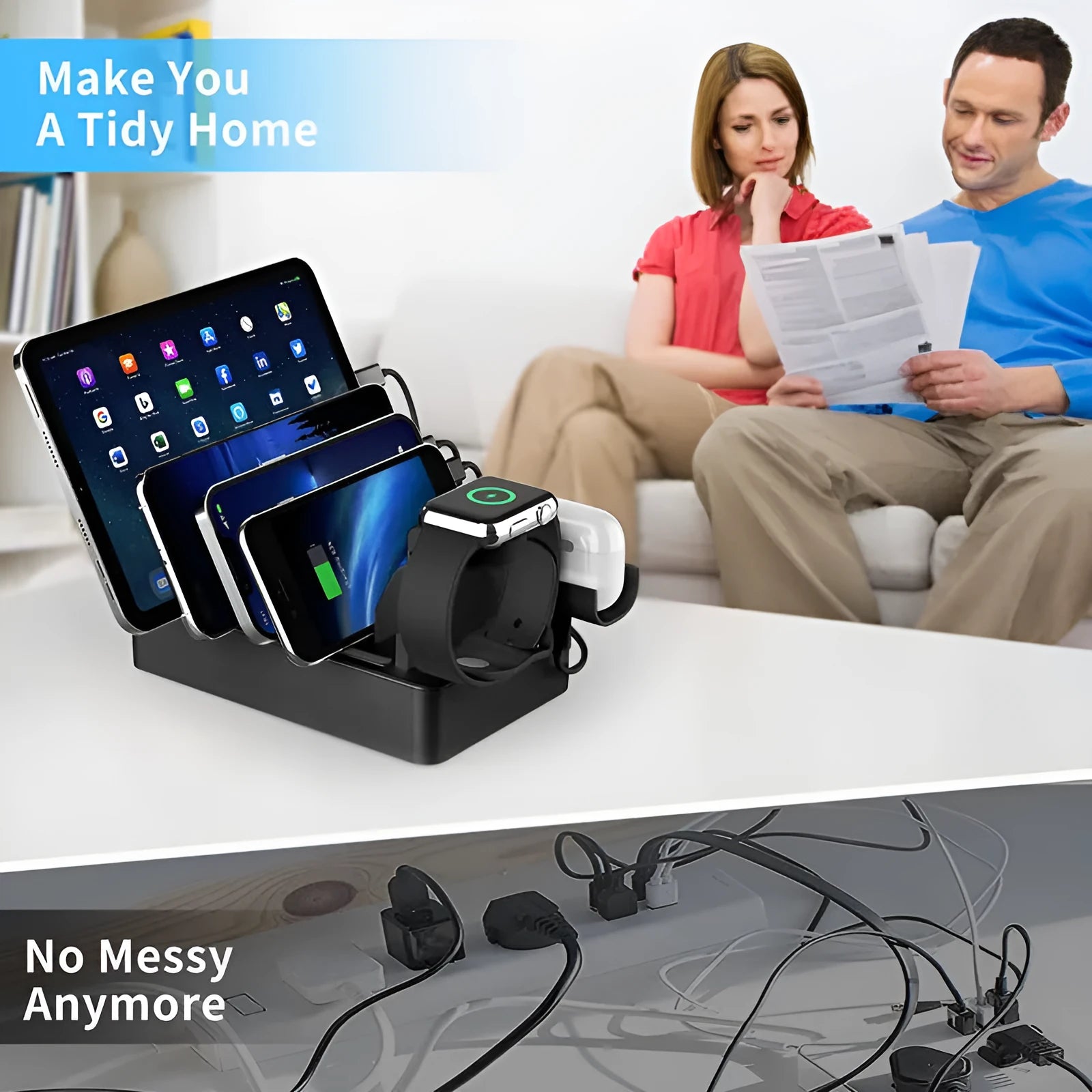 Desktop multi-USB charge box fast charger in black ABS casing with USB and Apple Watch outputs