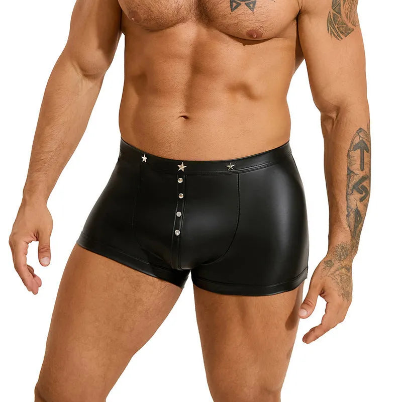 Black men's U pouch boxer shorts in PU leather, showing front design.