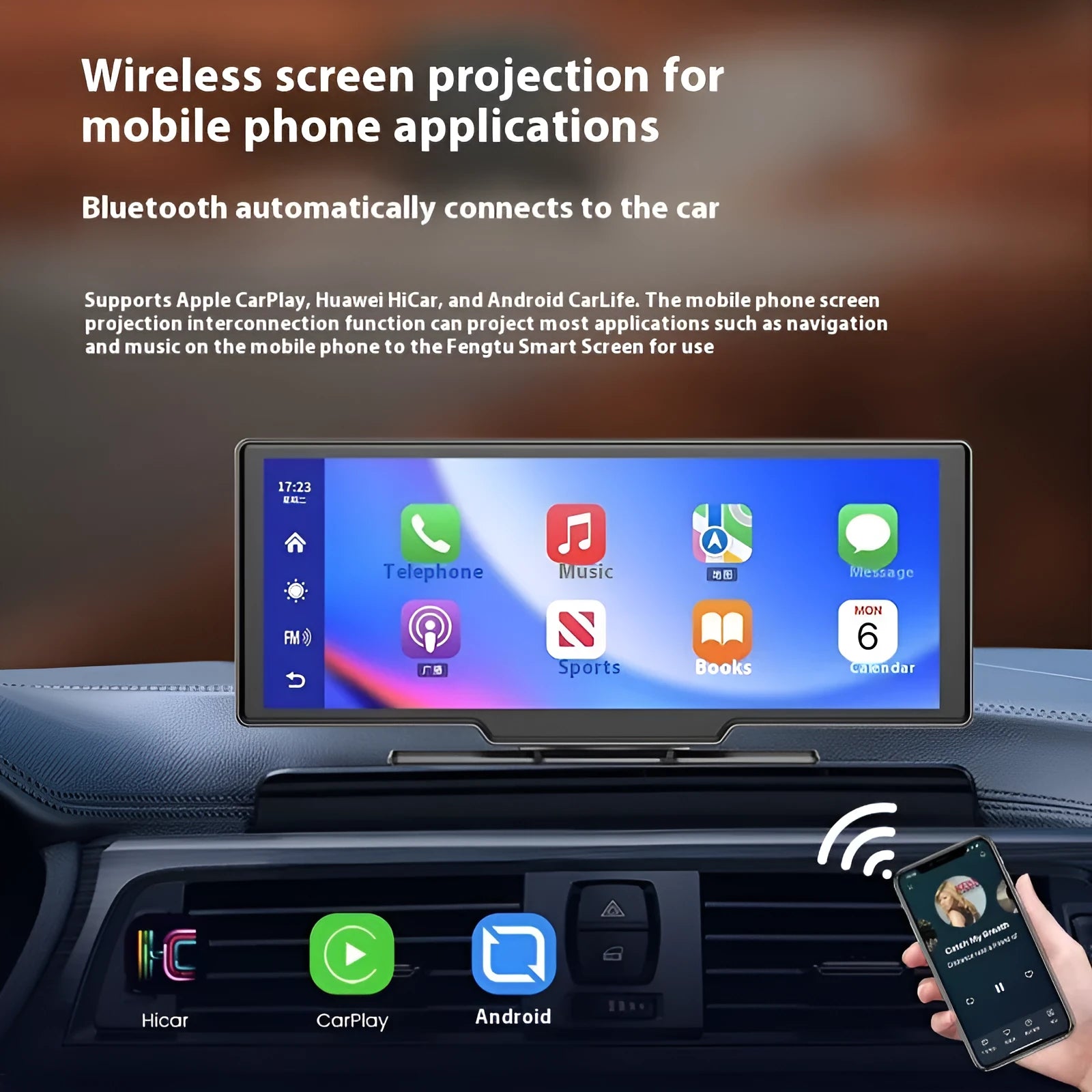 10-inch car touchscreen display showing Carplay interface with separate front and rear camera views.