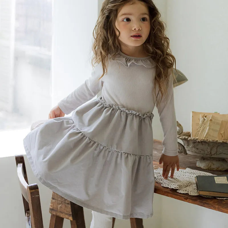 Girl's solid colour cotton lace layering stitching princess dress in lotus root starch colour with long sleeves