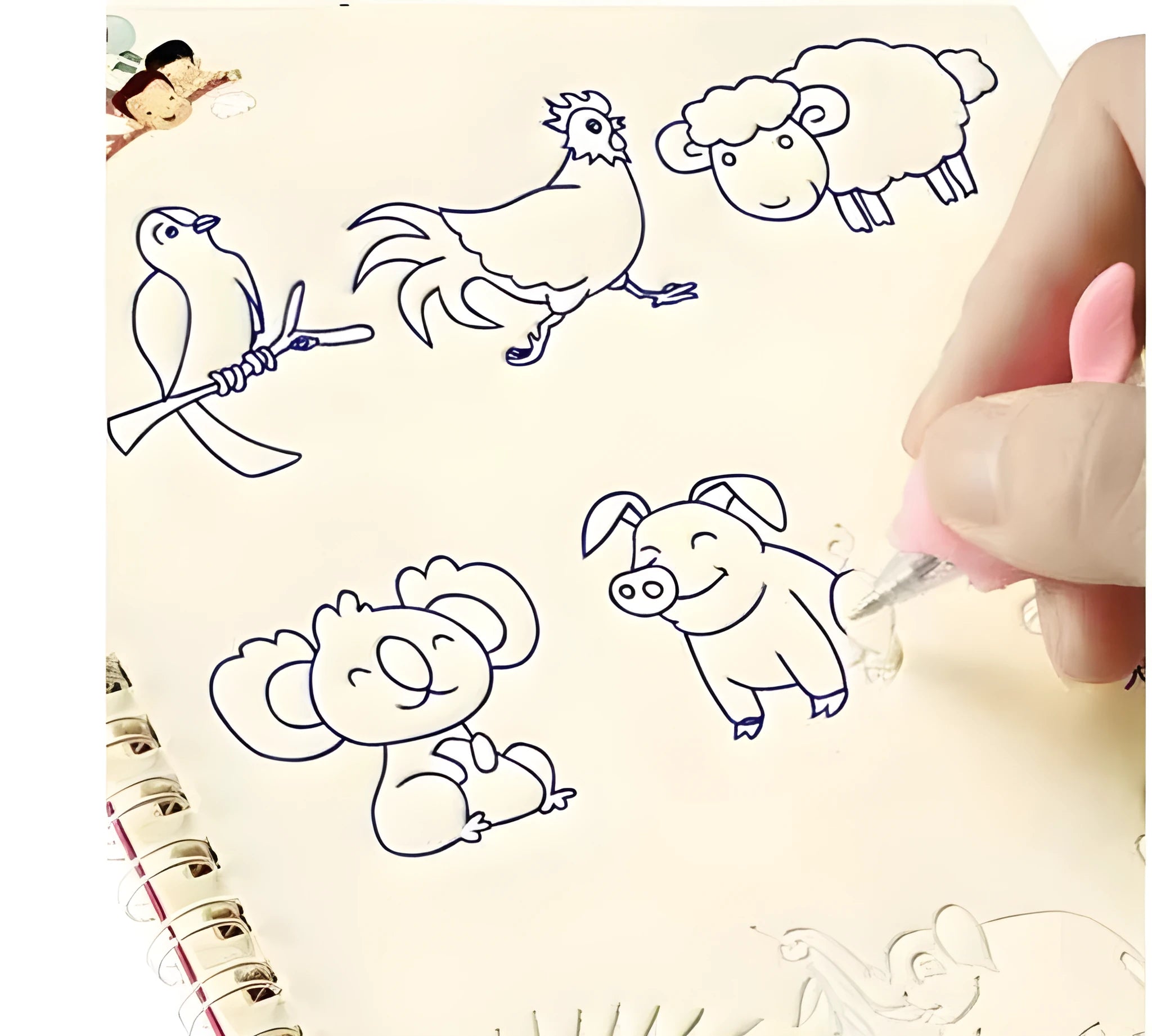 Hard cover magic practice writing book set with cartoon design, pen, and refills for reusable handwriting practice.