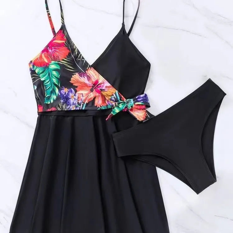 Black women's high waist briefs printed split bikini made from 80% polyester fabric for sports and swimming