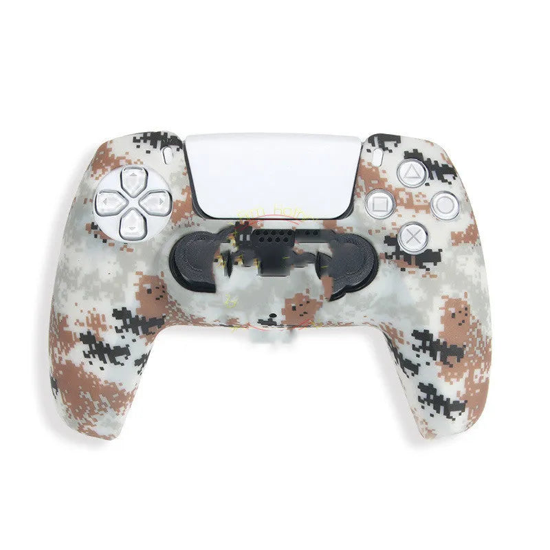 Camouflage pattern silicone protective case fitted on a black PS5 DualSense controller.