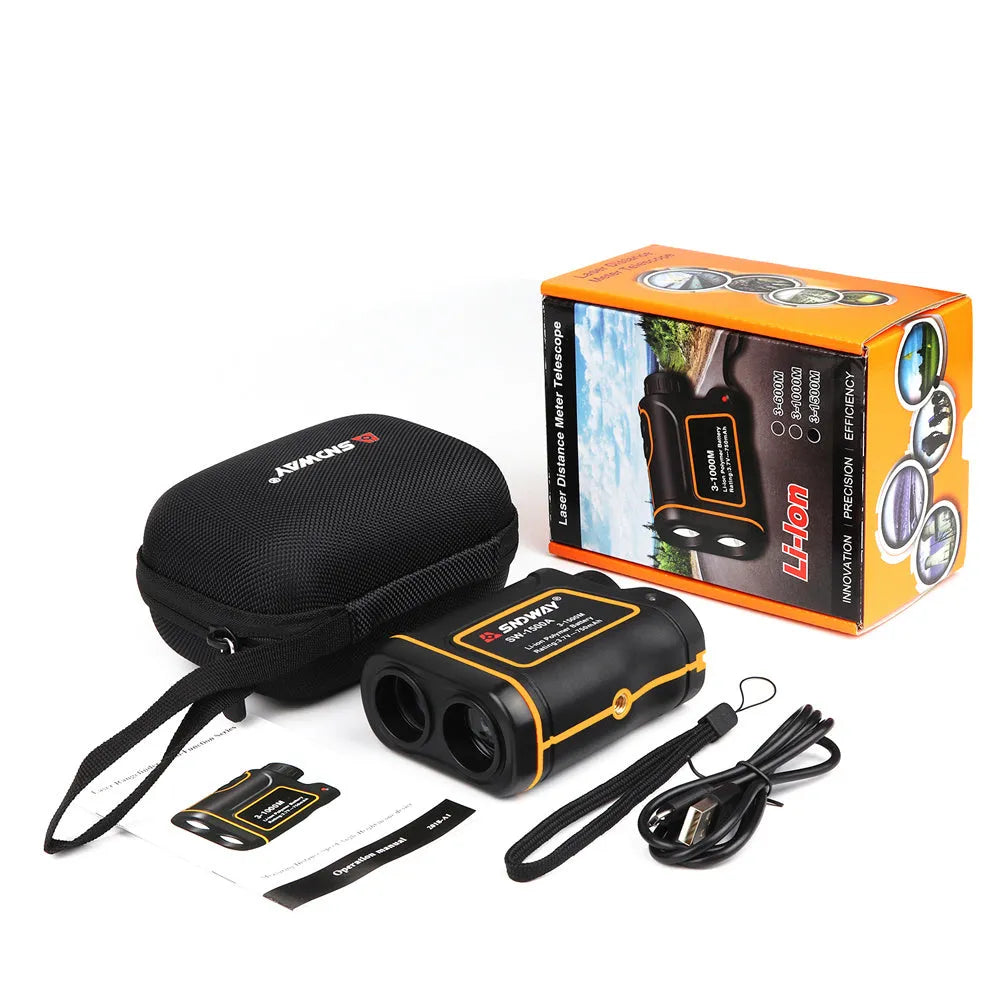 Handheld golf rangefinder device showing compact 104mm x 76.5mm x 41mm size with display screen